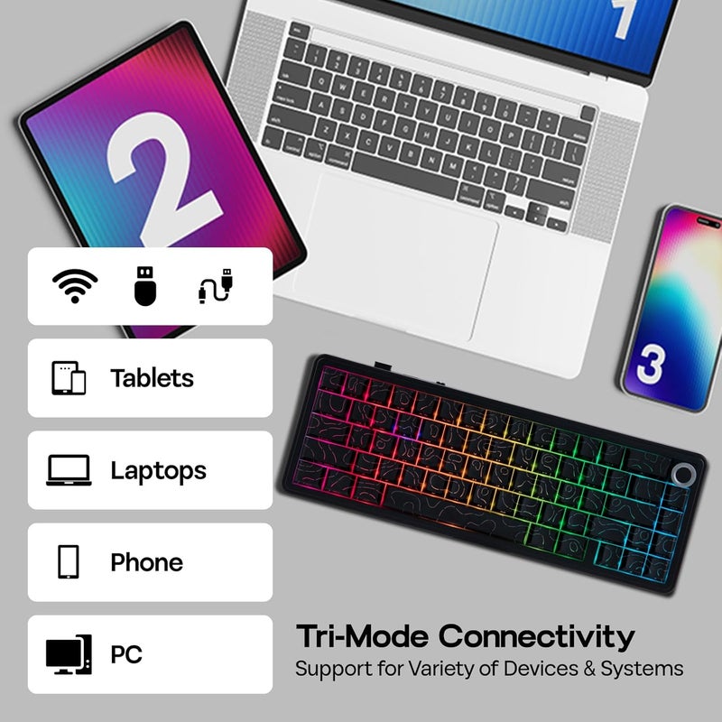 EPOMAKER X AULA F65 PRO Wireless Mechanical Gaming Keyboard, Hot-Swap, 5-Layer Padding, Creamy Gasket, Knob and Shine-Through PBT Keycap, RGB, BT/2.4GHz/USB-C (Black Topographic, Icesoul Switch) - Image 3