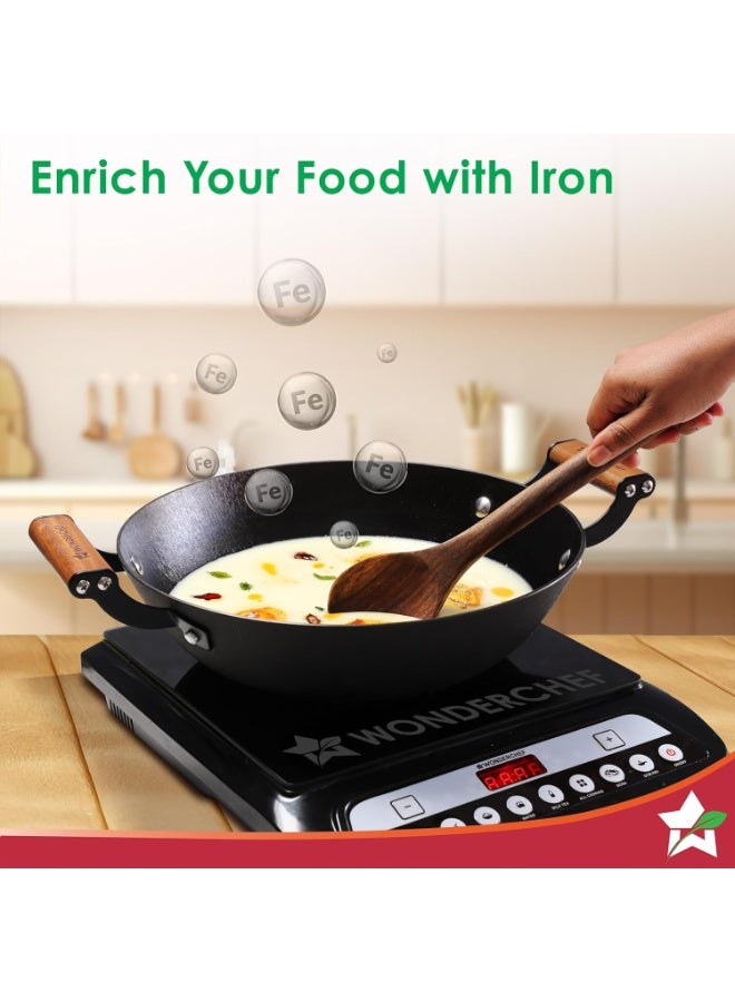 Wonderchef Ferro Light-Weight Cast-Iron Kadhai | 20cm | Pre-Seasoned with 100% Vegetable Oil | 40% Lighter Than Regular Cast-Iron Cookware | Cool-Touch Real Acacia Wood Handles | 10-Year Warranty - Image 3
