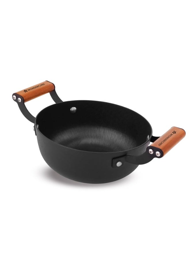 Wonderchef Ferro Light-Weight Cast-Iron Kadhai | 20cm | Pre-Seasoned with 100% Vegetable Oil | 40% Lighter Than Regular Cast-Iron Cookware | Cool-Touch Real Acacia Wood Handles | 10-Year Warranty - Image 1
