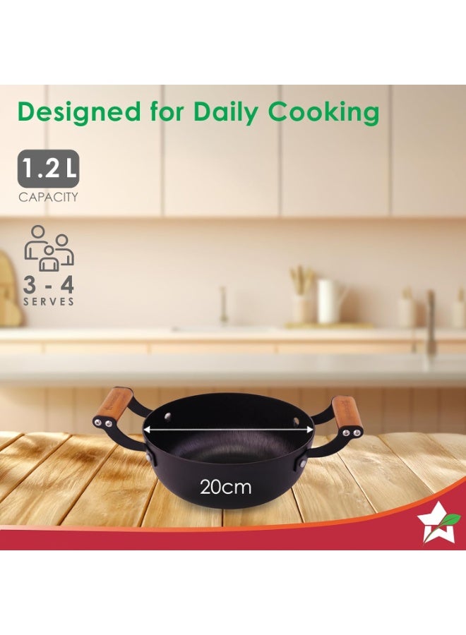 Wonderchef Ferro Light-Weight Cast-Iron Kadhai | 20cm | Pre-Seasoned with 100% Vegetable Oil | 40% Lighter Than Regular Cast-Iron Cookware | Cool-Touch Real Acacia Wood Handles | 10-Year Warranty - Image 2