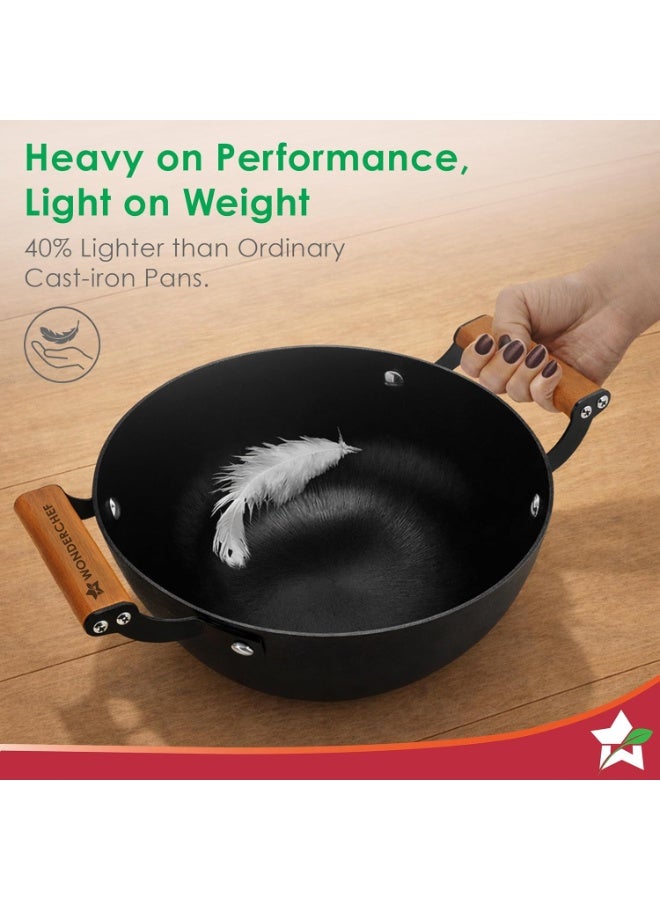 Wonderchef Ferro Light-Weight Cast-Iron Kadhai | 20cm | Pre-Seasoned with 100% Vegetable Oil | 40% Lighter Than Regular Cast-Iron Cookware | Cool-Touch Real Acacia Wood Handles | 10-Year Warranty - Image 4