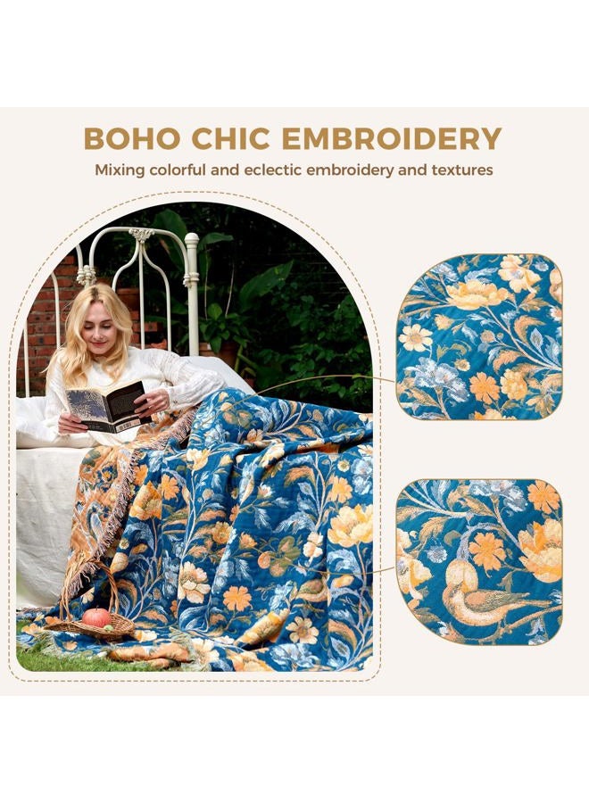 LUTBM Boho Throw Blanket for Couch Sofa Chair Cotton Blankets for Bedroom Living Room All Season Soft Lightweight Reversible Floral Bird Embroidery Throws 50"x60" - Image 4