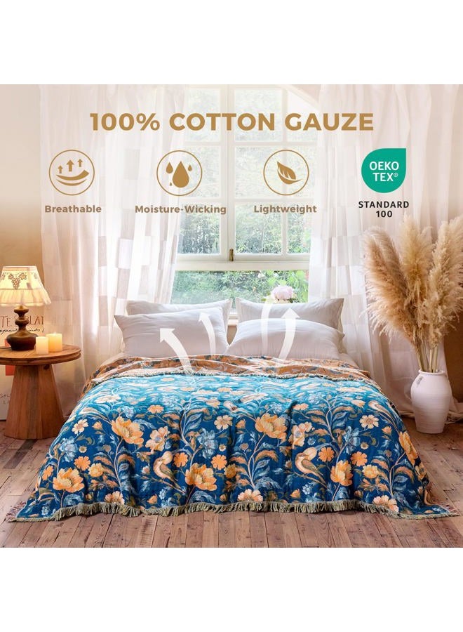 LUTBM Boho Throw Blanket for Couch Sofa Chair Cotton Blankets for Bedroom Living Room All Season Soft Lightweight Reversible Floral Bird Embroidery Throws 50"x60" - Image 3
