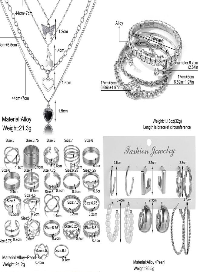 IFNODO 140pcs Silver Jewelry Set Costume Jewelry With 7 PCS Necklace, 19PCS Bracelet, 12 PCS Hoop Earring and 80pcs stud earrings,22 Pcs Rings for Women Friendship Gift Set, adjustable, Alloy Steel, - Image 3