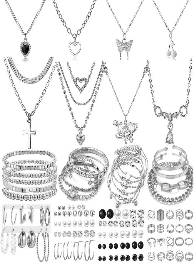 IFNODO 140pcs Silver Jewelry Set Costume Jewelry With 7 PCS Necklace, 19PCS Bracelet, 12 PCS Hoop Earring and 80pcs stud earrings,22 Pcs Rings for Women Friendship Gift Set, adjustable, Alloy Steel, - Image 1
