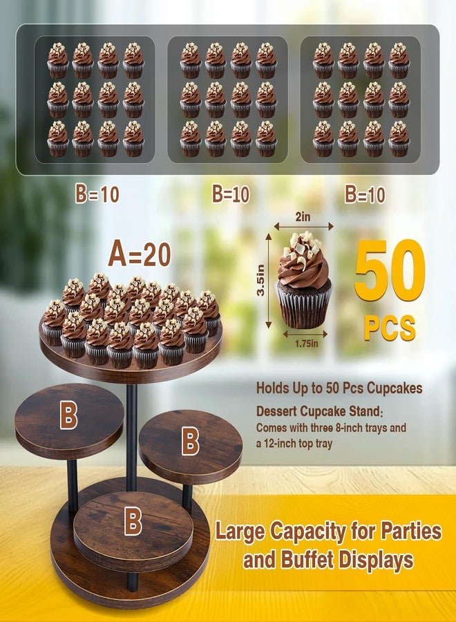 CMOOD 4 Tier Round Cupcake Tower Stand, Wooden Cupcake Stands for 50 Cupcakes, Rotatable Wood Dessert Display with Tiered Tray, Wooden Cake Tier Stand for Wedding Birthday Party Graduation - Image 4