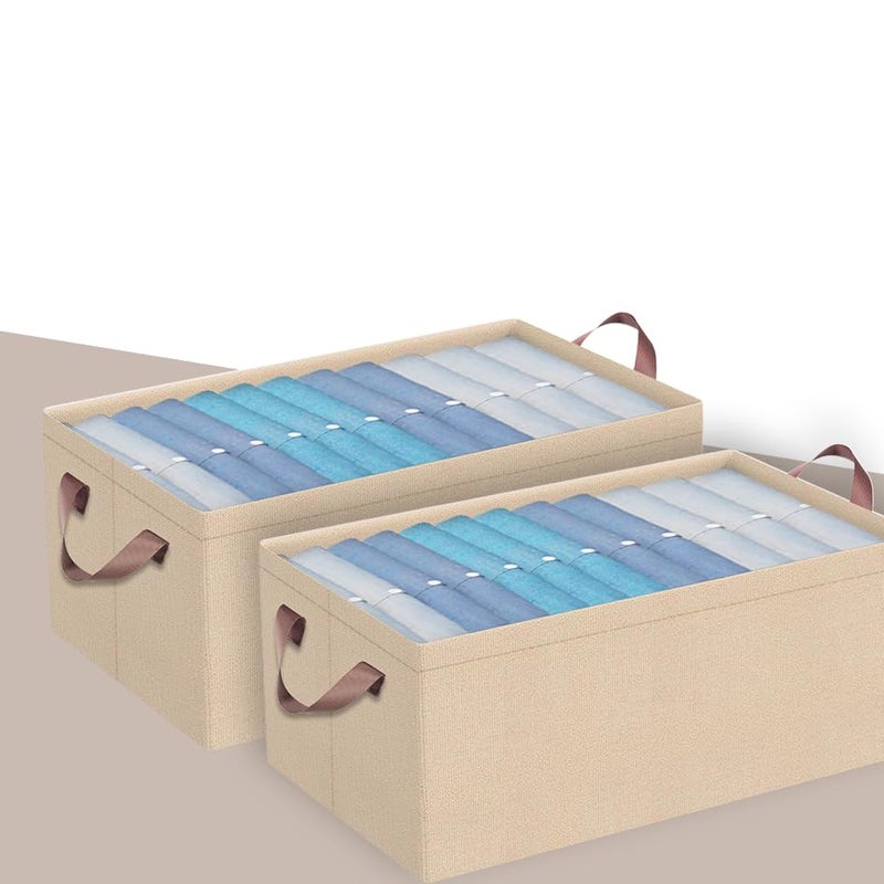 Prime Pick Storage Box Foldable Clothing Organizer Breathable Non Woven Fabric Space Saving Wardrobe Storage Bin with Easy Carry Handles Washable Clothes Organizer Beige Pack of 2 - Image 1