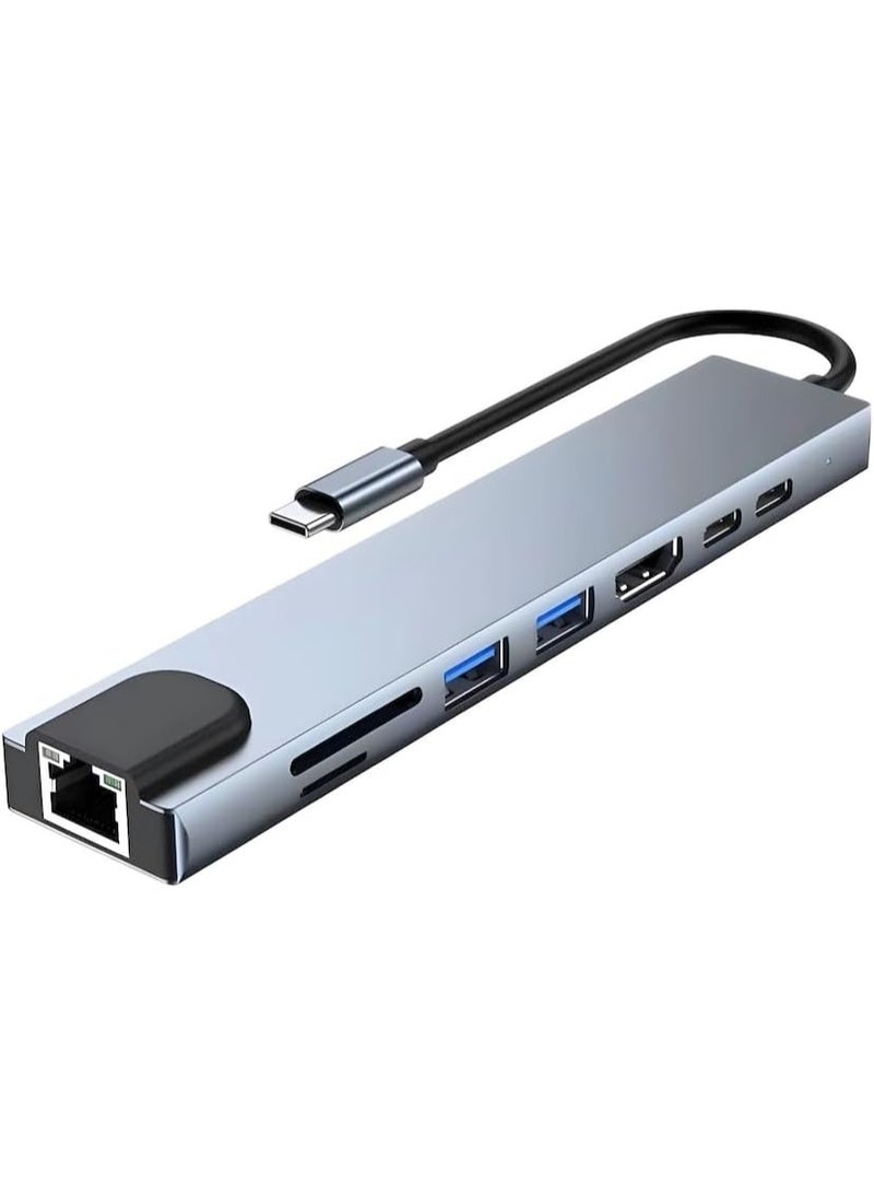 8-in-1 USB C Hub Multiport Adapter, Portable Type C Docking Station with RJ45, USB 3.0, USB 2.0, USB-C PD, HDMI, Dual Memory Card Readers, Universal for Laptop, Phone - Image 1