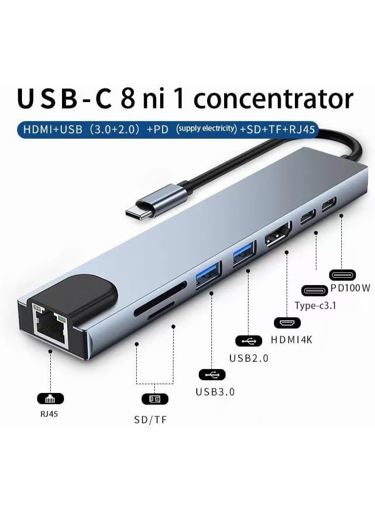 8-in-1 USB C Hub Multiport Adapter, Portable Type C Docking Station with RJ45, USB 3.0, USB 2.0, USB-C PD, HDMI, Dual Memory Card Readers, Universal for Laptop, Phone - Image 2
