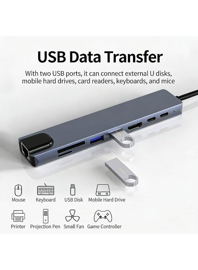 8-in-1 USB C Hub Multiport Adapter, Portable Type C Docking Station with RJ45, USB 3.0, USB 2.0, USB-C PD, HDMI, Dual Memory Card Readers, Universal for Laptop, Phone - Image 3
