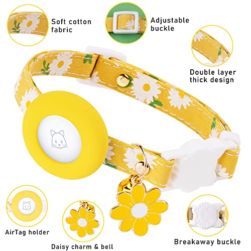 JXFUKAL Airtag Cat Collar, JXFUKAL Kitten Collar Breakaway with Silicone Airtag Holder, Bells & Flower Charm for Girl Cats Boy Cats Small Dogs(Yellow) - Image 2