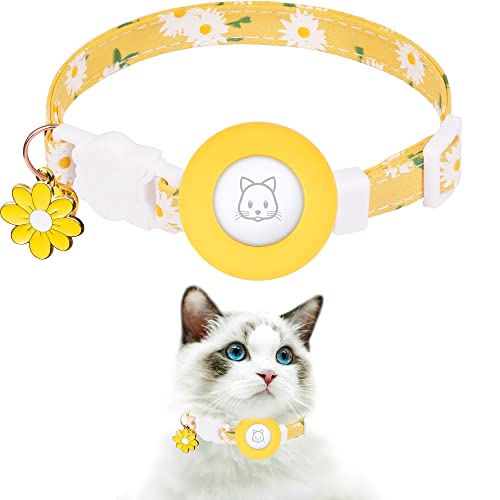 JXFUKAL Airtag Cat Collar, JXFUKAL Kitten Collar Breakaway with Silicone Airtag Holder, Bells & Flower Charm for Girl Cats Boy Cats Small Dogs(Yellow) - Image 1