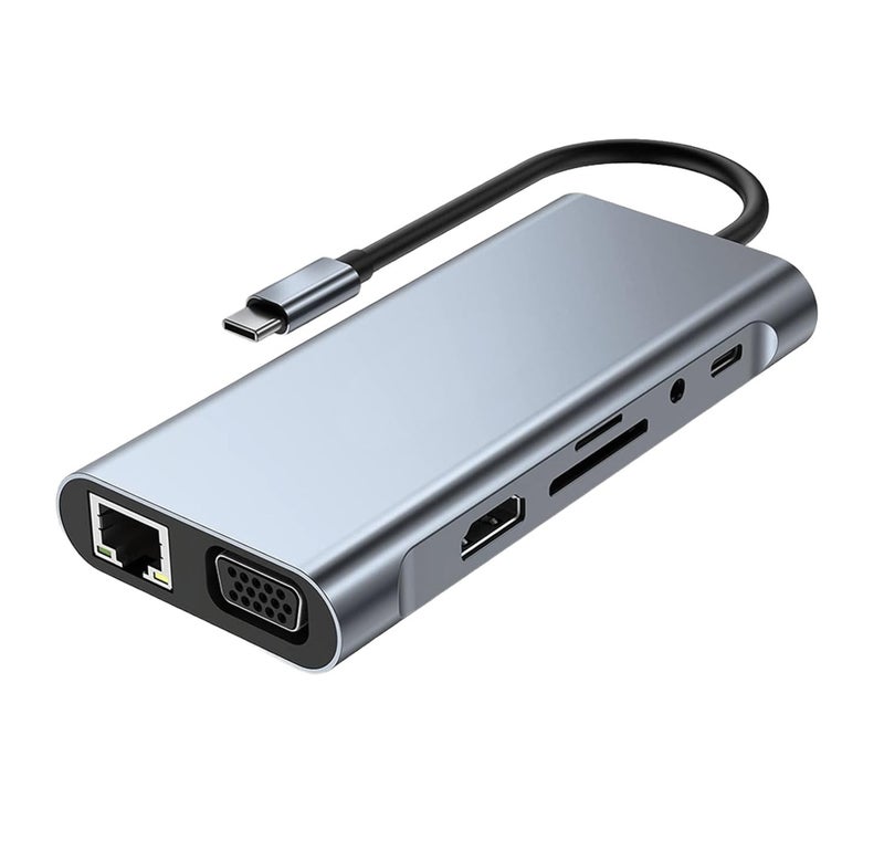 ZERO 10IN1 Type C to 4K HDTV Adapter with LAN, VGA, Audio, USB3.0 x3, SD & TF Slots - Grey - Image 1