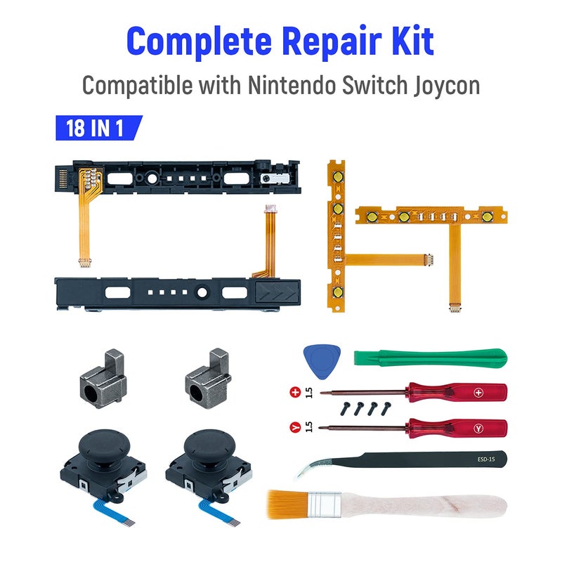 Mcbazel 18 in 1 Replacement Repair Kit for NS Switch Joy-Con with Screwdrivers Opening Tool, 3D Left Right Analog Joysticks, Buckle Lock, Charging Port Slider, Button Sync Flex Cable Set [video game] - Image 2