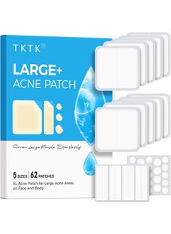 TKTK Large Pimple Patches, 60 mm XL Acne Patches, Big Hydrocolloid Bandages for Body, Face, Forehead, Chin, Neck Zit Breakouts, Hydrocolloid Patch (Square, Strip, Dot 5 Sizes 62 Count)
