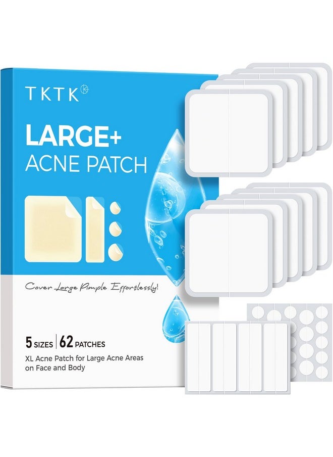TKTK - TKTK Large Pimple Patches, 60 mm XL Acne Patches, Big Hydrocolloid Bandages for Body, Face, Forehead, Chin, Neck Zit Breakouts, Hydrocolloid Patch (Square, Strip, Dot 5 Sizes 62 Count) - Image 1