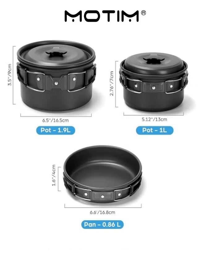 Motim 15pcs Camping Cookware Mess Kit Non-Stick Lightweight Pot Pan Kettle Set with Stainless Steel Cups Plates Forks Knives Spoons for Camping Backpacking Outdoor Cooking and Picnic  - Image 2
