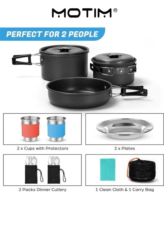 Motim 15pcs Camping Cookware Mess Kit Non-Stick Lightweight Pot Pan Kettle Set with Stainless Steel Cups Plates Forks Knives Spoons for Camping Backpacking Outdoor Cooking and Picnic  - Image 3