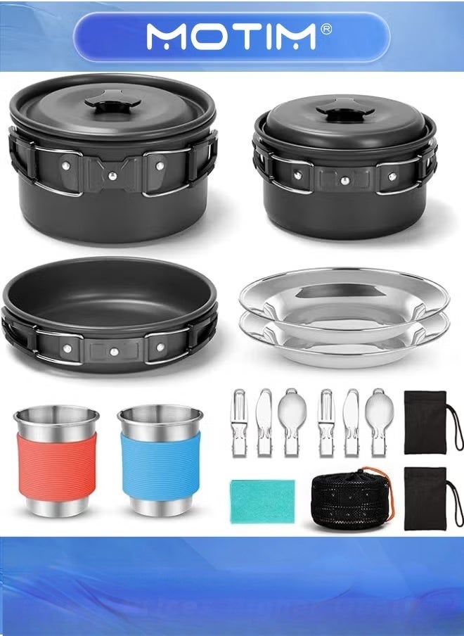 Motim 15pcs Camping Cookware Mess Kit Non-Stick Lightweight Pot Pan Kettle Set with Stainless Steel Cups Plates Forks Knives Spoons for Camping Backpacking Outdoor Cooking and Picnic  - Image 1