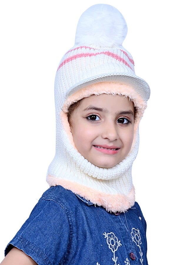 Dressify® - Hand Knitted Children Baby Hat Pompom Style Plush Velvet Warm Full Face Cover Hat/Balaclava/Visior Monkey Cap 5-8 Year Kids- White Color - Image 1