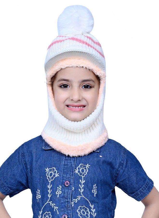 Dressify® - Hand Knitted Children Baby Hat Pompom Style Plush Velvet Warm Full Face Cover Hat/Balaclava/Visior Monkey Cap 5-8 Year Kids- White Color - Image 2