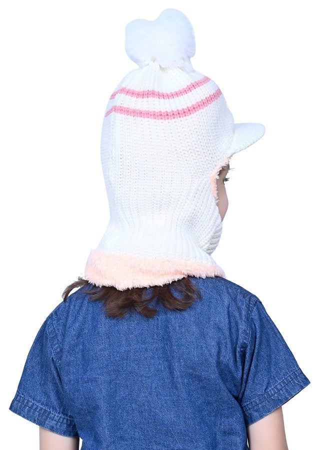 Dressify® - Hand Knitted Children Baby Hat Pompom Style Plush Velvet Warm Full Face Cover Hat/Balaclava/Visior Monkey Cap 5-8 Year Kids- White Color - Image 3