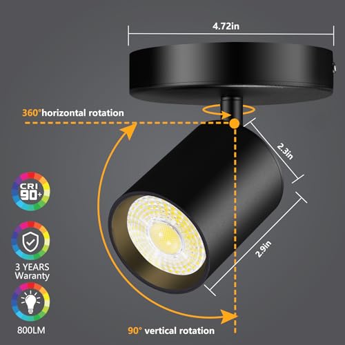 VANoopee Flush Mount LED Ceiling Spotlight Dimmable Adjustable Spotlight Directional Spot Lights Indoor Bright Can Accent Fixture for Living Room - CRI90 Flicker Free 10W 800lm 3000K Black 2 Pack - Image 4