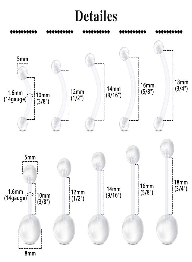 QWALIT 14g Clear Belly Button Rings Bioflex Plastic Belly Ring Navel Piercings Retainers for Work Surgery 3/8" 10mm - Image 2