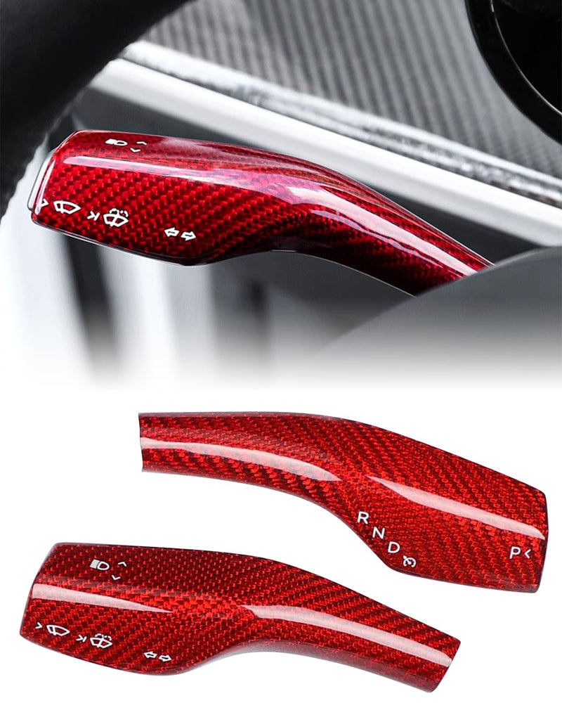 KKTR-CAR KKTRCAR Real Carbon Fiber Steering Lever Cover 2pcs Gear Shift Lever Cover Compatible with Tesla Model 3Y 2pcs Red Glossy Carbon Fiber - Image 2