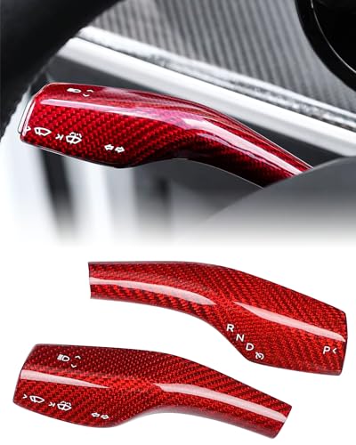 KKTR-CAR KKTRCAR Real Carbon Fiber Steering Lever Cover 2pcs Gear Shift Lever Cover Compatible with Tesla Model 3Y 2pcs Red Glossy Carbon Fiber - Image 1