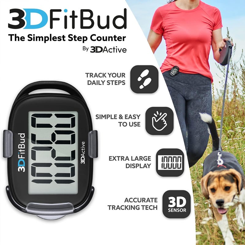 3DActive 3DFitBud Simple Step Counter Walking 3D Pedometer by with Clip, Lanyard Accurate Step Tracker Large Display, Easy to Use for Kids Men Women Adult Seniors Daily Step Tracking - A420S - Image 2