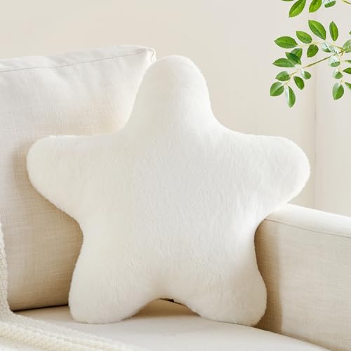 CANGHI Star Pillow 15.7" White Star Shaped Decorative Throw Pillow for Couch Bed Aesthetic Plush Floor Seating Cushions with Soft Faux Rabbit Fur for Sofa Bedroom Living Room - Image 1