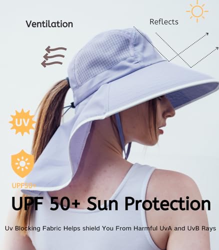 Moon Kitty Womens Wide Brim UV Sun Protection Hats Foldable Waterproof Fish Hat Women with Neck Flap Light-Purple - Image 2