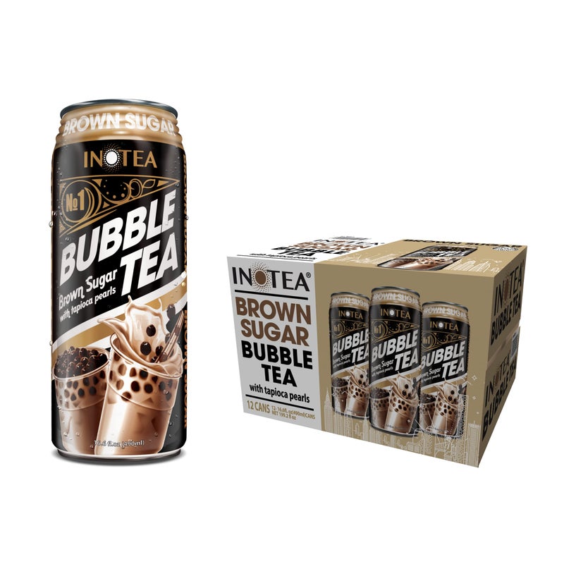 (Pack of 12) INOTEA Bubble Tea | Choose One from 5 Flavors: Brown Sugar, Taro, Honeydew, Banana, Matcha Latte | Ready to Drink in a Can (16.6oz/can) | Black Milk Tea with Boba (Brown Sugar) - Image 1
