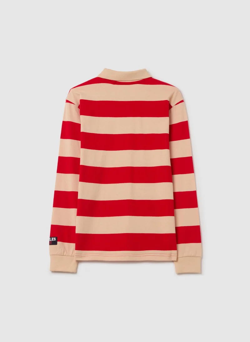 او في اس Long-Sleeved Polo Shirt With Striped Pattern And ''Athls'' Embroidery
