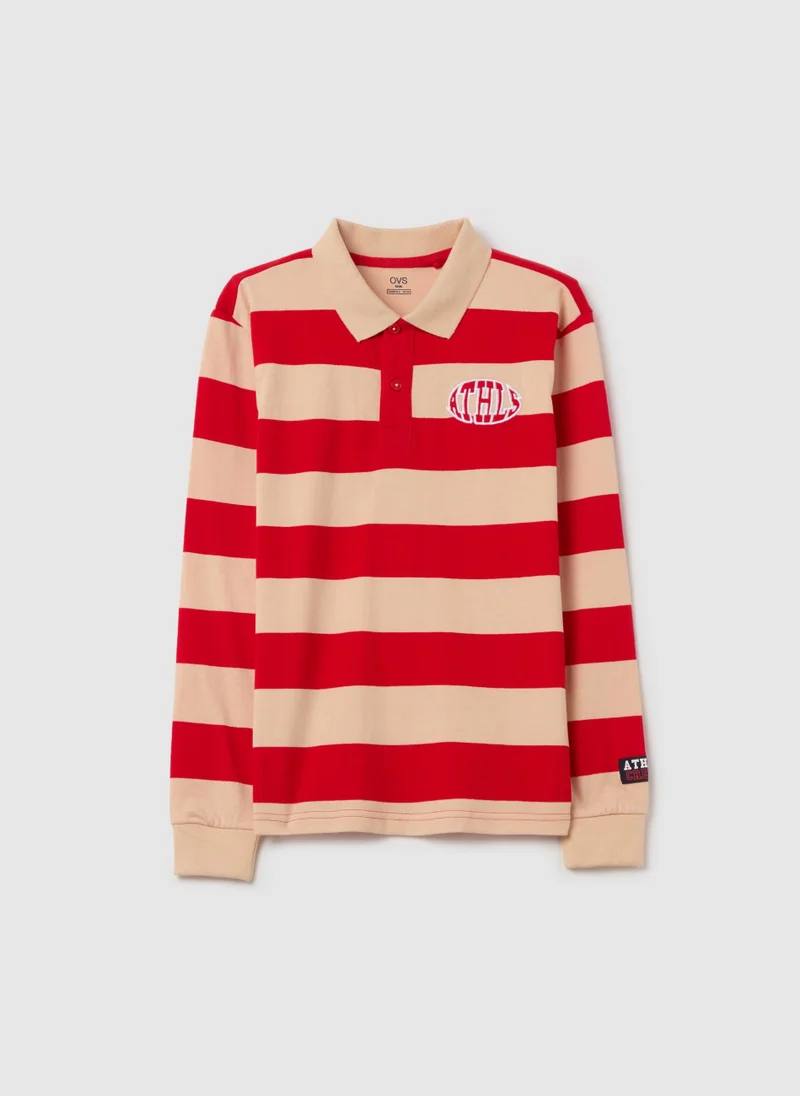 او في اس Long-Sleeved Polo Shirt With Striped Pattern And ''Athls'' Embroidery