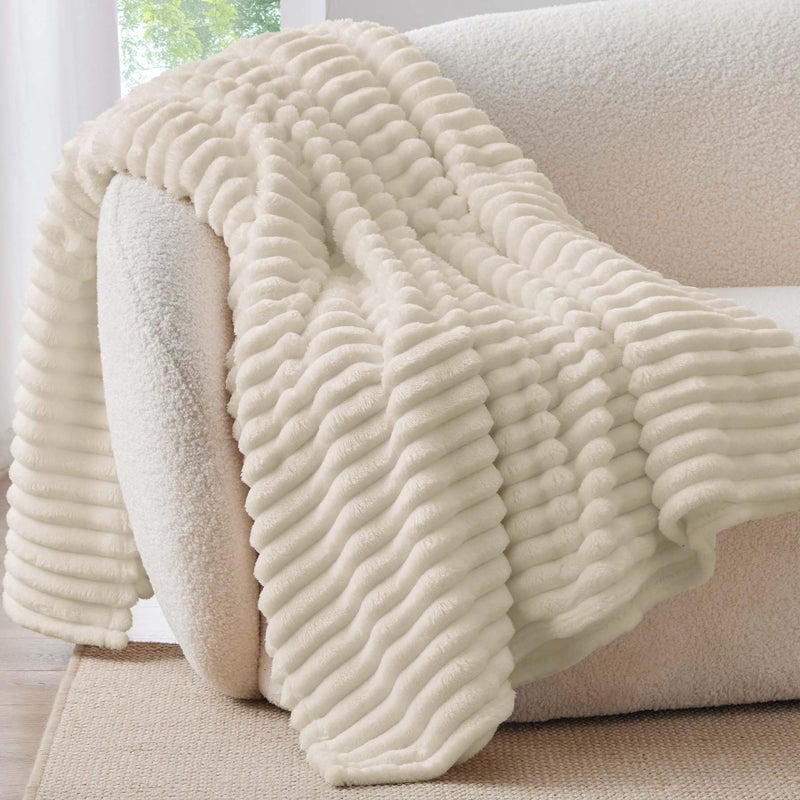 BEDELITE Fleece Throw Blanket for Couch - 300GSM Soft & Warm Fluffy Beige Blanket  Decorative and Giftable Striped Blankets for Women  Men  50""x70"" - Image 1