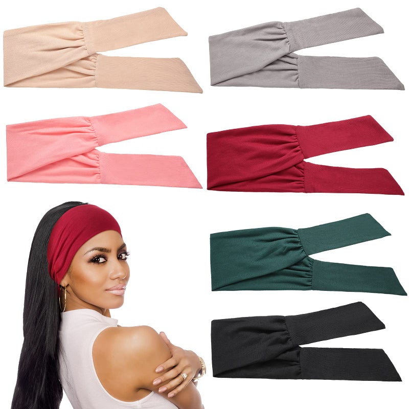 WILLBOND 6 Pcs Tie Headband for Women, Adjustable Wide Bandana Headband Tie, Knotted African Hairband, Yoga Elastic Non Slip Floral Hairbands for Running Hiking Cycling Workout(Single Color) - Image 1