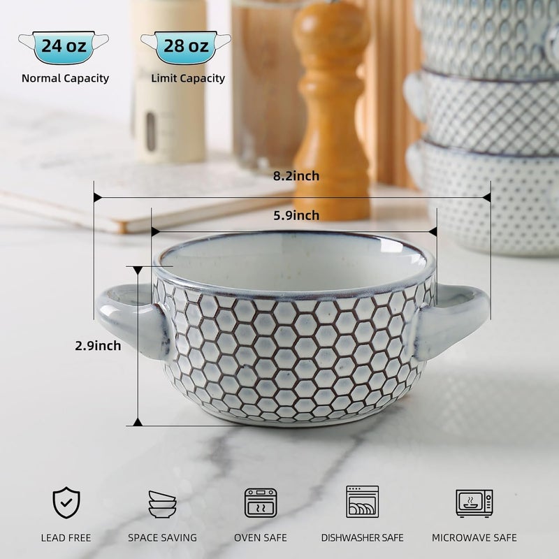 MONITO 28 Ounce French Onion Soup Bowls, 4PCS Reactive Glaze Ceramic Bowls with Handles, Stackable Soup Crocks, Oven/Microwave/Dishwasher Safe, for Cereal, Pasta, Chilli, Beef Stew, White-blue - Image 2