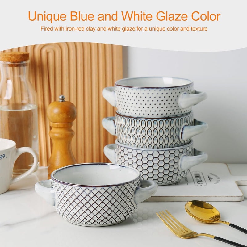 MONITO 28 Ounce French Onion Soup Bowls, 4PCS Reactive Glaze Ceramic Bowls with Handles, Stackable Soup Crocks, Oven/Microwave/Dishwasher Safe, for Cereal, Pasta, Chilli, Beef Stew, White-blue - Image 5