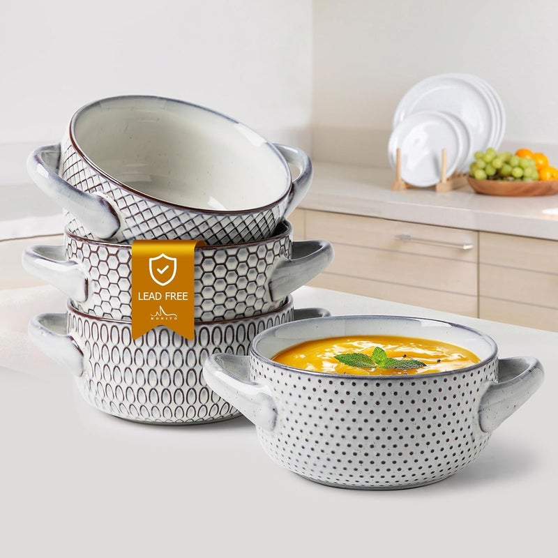 MONITO 28 Ounce French Onion Soup Bowls, 4PCS Reactive Glaze Ceramic Bowls with Handles, Stackable Soup Crocks, Oven/Microwave/Dishwasher Safe, for Cereal, Pasta, Chilli, Beef Stew, White-blue - Image 1