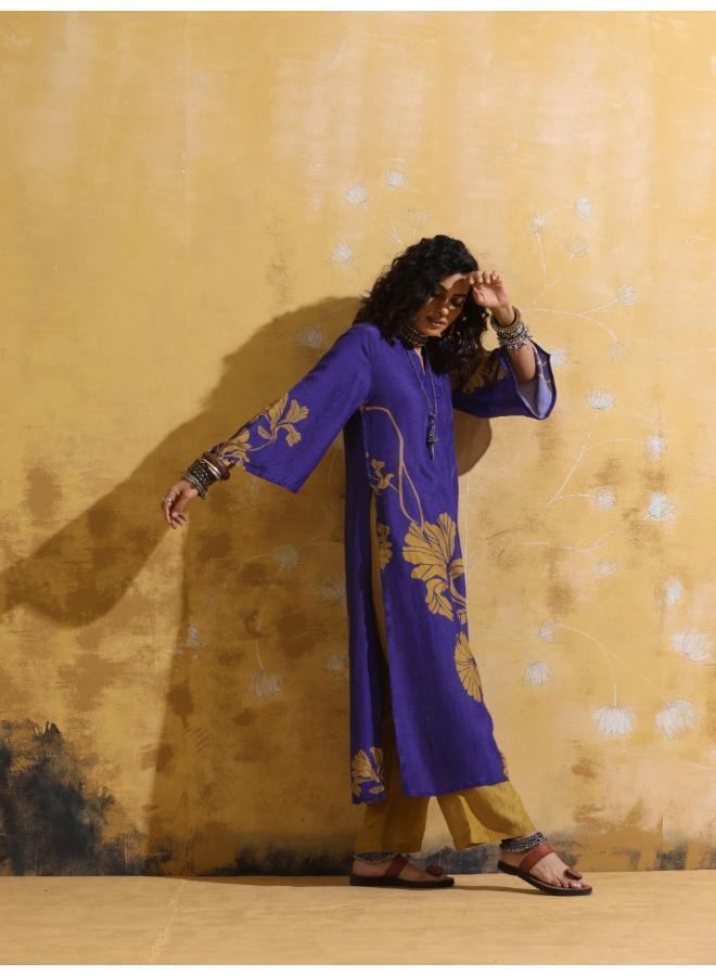 trueBrowns Purple Mustard Floral Print Muslin Silk High-Slit Kurta Set - Image 3