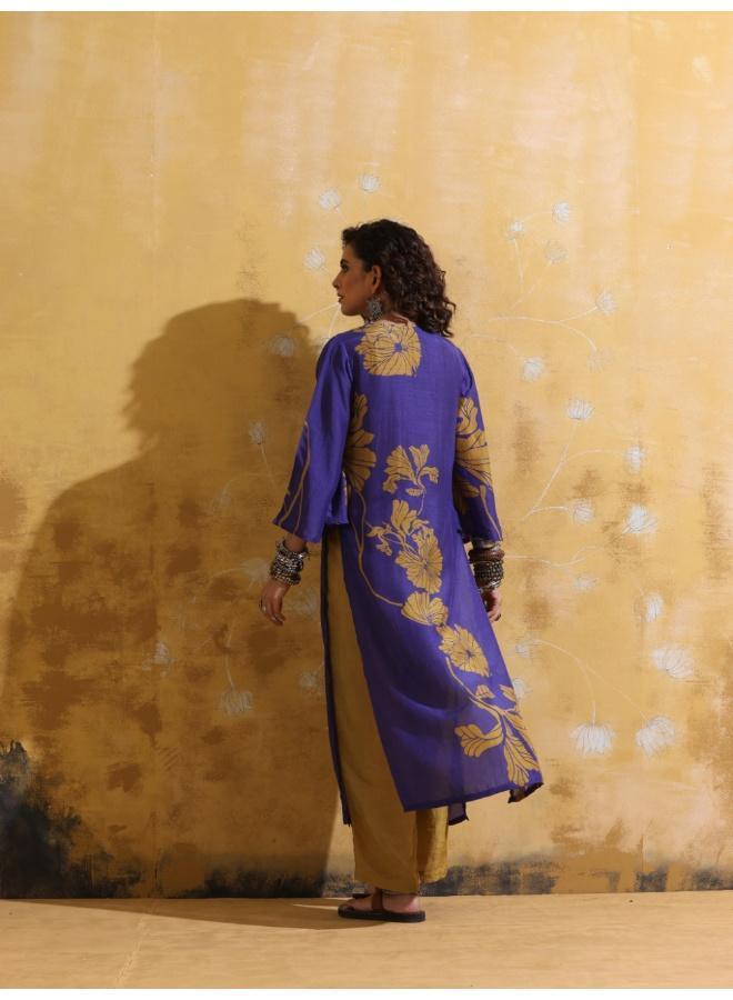 trueBrowns Purple Mustard Floral Print Muslin Silk High-Slit Kurta Set - Image 2