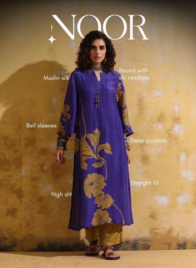 trueBrowns Purple Mustard Floral Print Muslin Silk High-Slit Kurta Set - Image 4