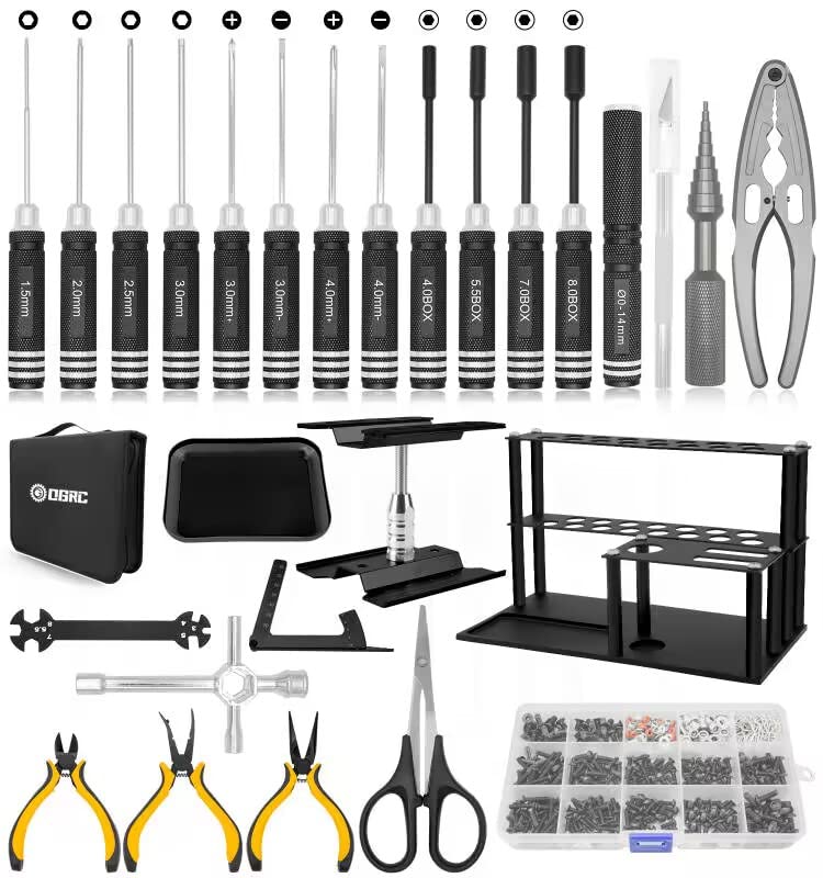 OGUNKE RC Tool Kit Screwdriver Set (Flat, Phillips, Hex) Metal Holder, RC Work Stand, 522PCS Screw Kit, Pliers Set, Body Reamer, Wrench, Tray, Repair Tool for RC Car Boat Quadcopter Helicopter -27pcs (Black) - Image 1
