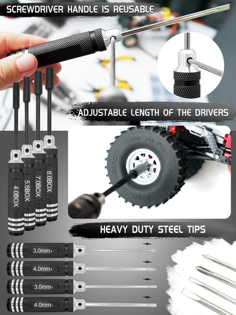 OGUNKE RC Tool Kit Screwdriver Set (Flat, Phillips, Hex) Metal Holder, RC Work Stand, 522PCS Screw Kit, Pliers Set, Body Reamer, Wrench, Tray, Repair Tool for RC Car Boat Quadcopter Helicopter -27pcs (Black) - Image 2