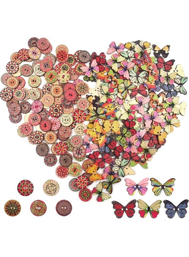 lyfLux S Round And Butterfly Wooden Flower Buttons, Lyflux Wooden Buttons 2 Holes For Diy Clothing Accessories Sewing Craft - Image 1