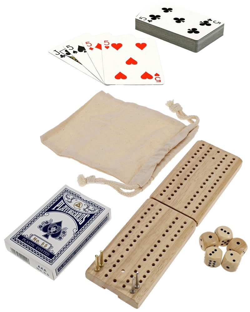 WE Games Travel Cribbage Board Game Set – Foldable 2-Track Mini Wooden Cribbage Board with Cards, Dice, Metal Pegs & Storage Bag – Portable Game - Image 1