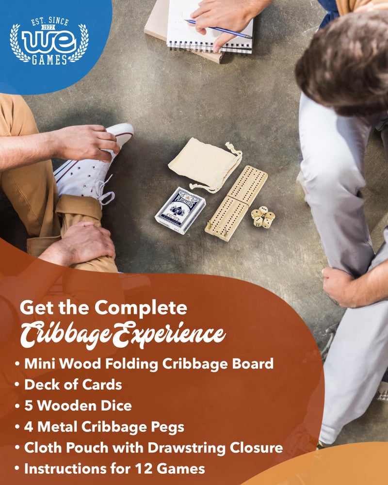 WE Games Travel Cribbage Board Game Set – Foldable 2-Track Mini Wooden Cribbage Board with Cards, Dice, Metal Pegs & Storage Bag – Portable Game - Image 4
