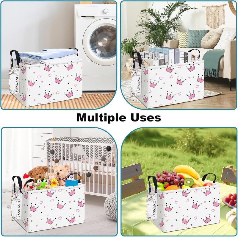 FANKANG Storage Bins, Nursery Hamper Canvas Laundry Basket Foldable with Waterproof PE Coating Large Storage Baskets for Kids Boys and Girls, Office, Bedroom, Clothes,Toys(Rec-pink crowns) - Image 5